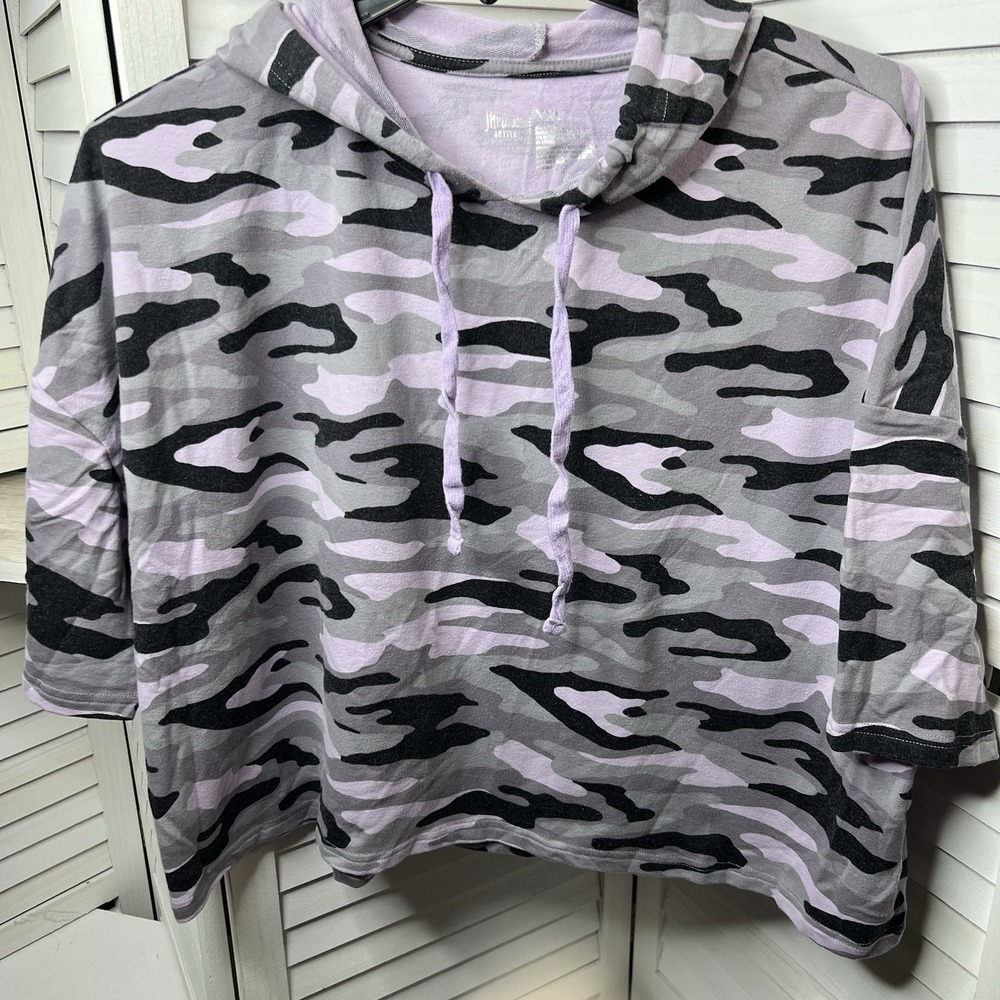 Flirtitude Active Women's Short Sleeve Cropped‎ Hoodie Purple Gray Camo Sz XXL